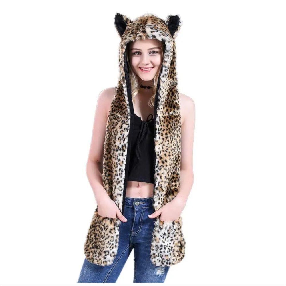 Faux Fur Hat Hood Scarf Full Pockets Ear Flat Cap Hoodie Winter Party Costume